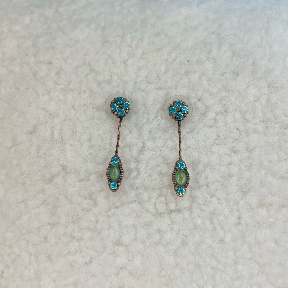 Turquoise Crystal Drop Earrings • Vintage Boho Dangle • Pierced Ears - Picture 4 of 6